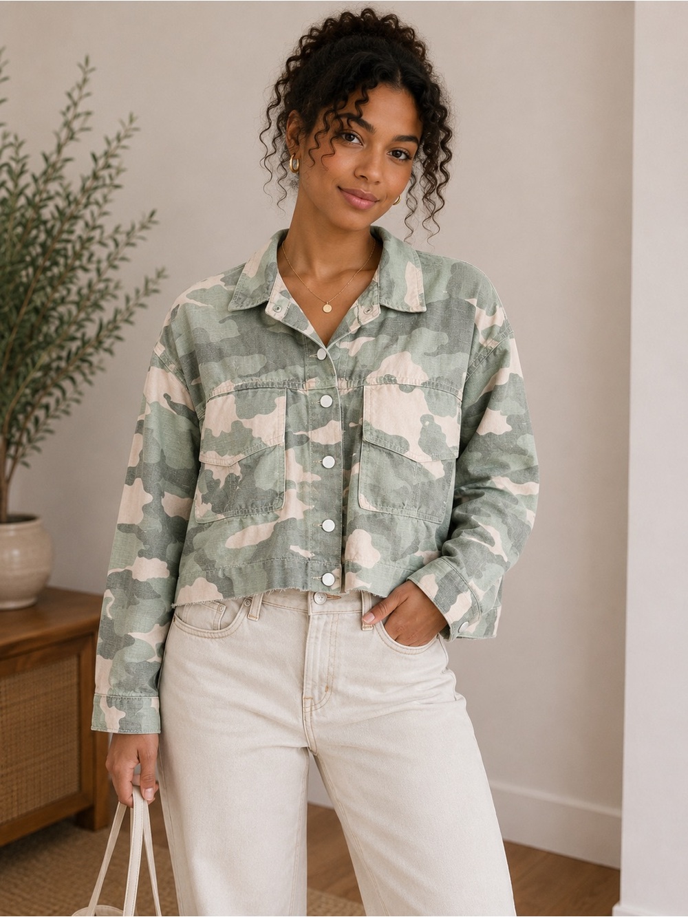 ZARA Women’s Olive Green Camo Linen & Cotton Blend Cropped Jacket Size Small